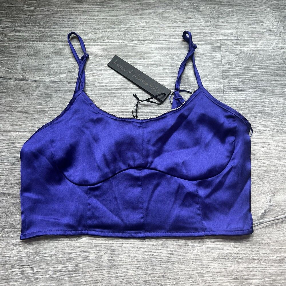 HOUSE OF HARLOW revolve Purple Satin Rhinestone Neckline Crop Top NWT Medium $89